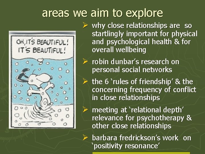 areas we aim to explore Ø why close relationships are so startlingly important for