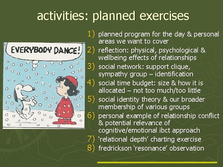 activities: planned exercises 1) planned program for the day & personal 2) 3) 4)