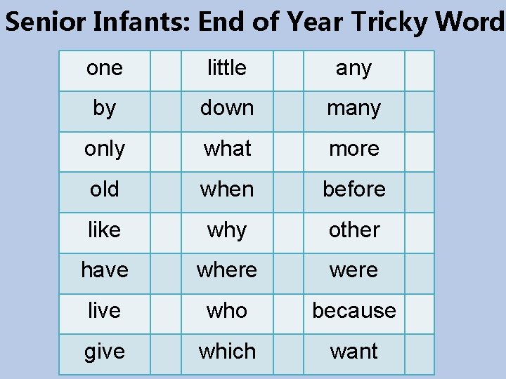 Senior Infants: End of Year Tricky Word one little any by down many only