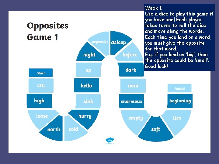 Week 1 Use a dice to play this game if you have one! Each