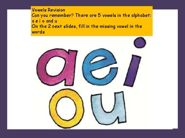 Vowels Revision Can you remember? There are 5 vowels in the alphabet: a e