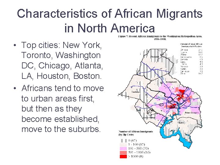 Characteristics of African Migrants in North America • Top cities: New York, Toronto, Washington
