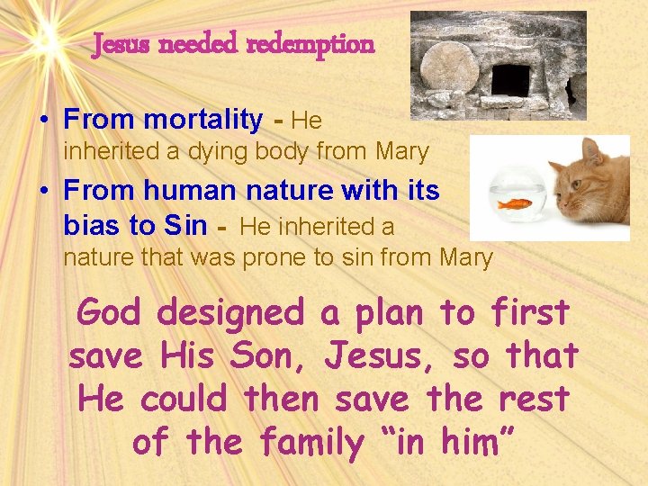 Jesus needed redemption • From mortality - He inherited a dying body from Mary