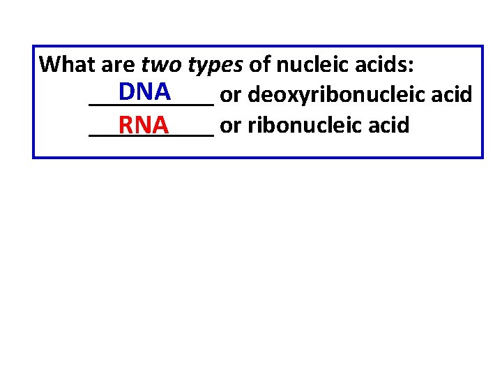 What are two types of nucleic acids: DNA _____ or deoxyribonucleic acid _____ or