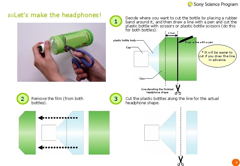 Let's make the headphones! 1 Decide where you want to cut the bottle Let's make the headphones! 1 Decide where you want to cut the bottle