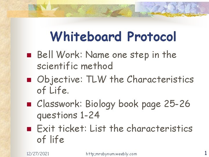 Whiteboard Protocol n n Bell Work: Name one step in the scientific method Objective: