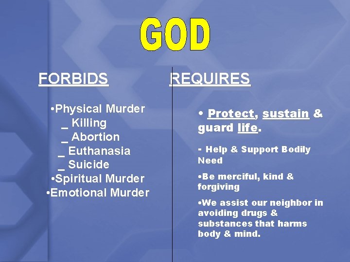 FORBIDS • Physical Murder _ Killing _ Abortion _ Euthanasia _ Suicide • Spiritual
