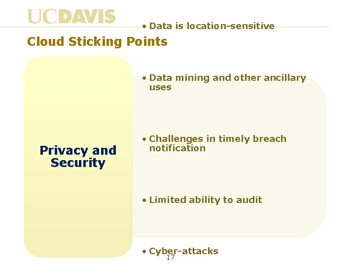  • Data is location-sensitive Cloud Sticking Points • Data mining and other ancillary