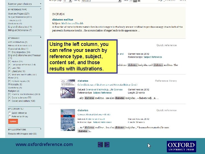 Using the left column, you can refine your search by reference type, subject, content