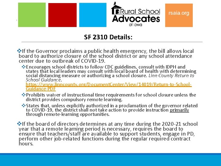 SF 2310 Details: v. If the Governor proclaims a public health emergency, the bill