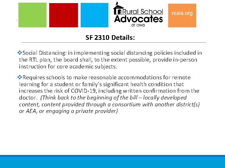 SF 2310 Details: v. Social Distancing: in implementing social distancing policies included in the