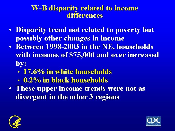 W-B disparity related to income differences • Disparity trend not related to poverty but