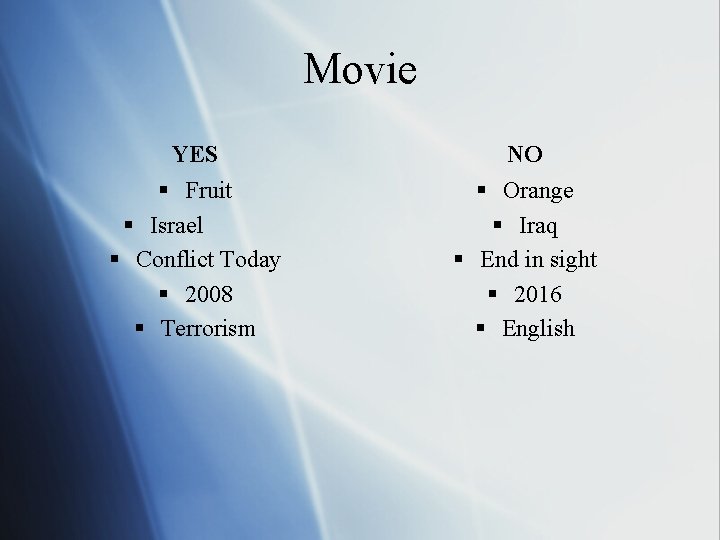 Movie YES NO § Fruit § Israel § Conflict Today § 2008 § Terrorism