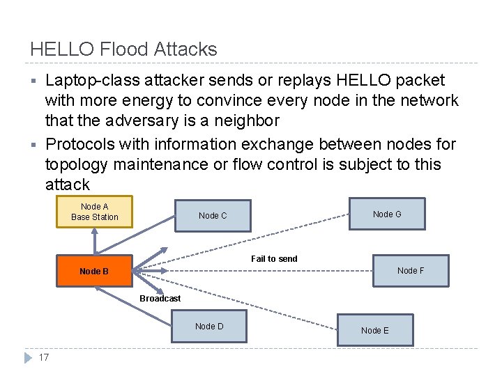 HELLO Flood Attacks § § Laptop-class attacker sends or replays HELLO packet with more