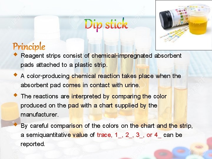  Reagent strips consist of chemical-impregnated absorbent pads attached to a plastic strip. A
