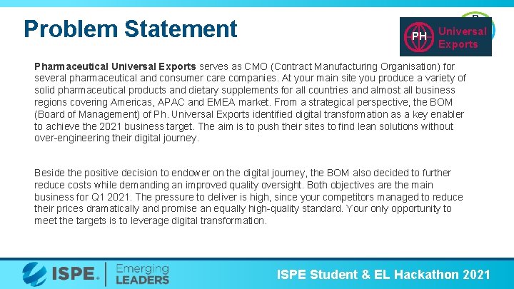 Problem Statement PH PH Universal Exports Pharmaceutical Universal Exports serves as CMO (Contract Manufacturing