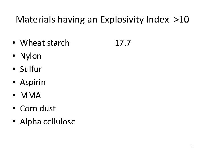 Materials having an Explosivity Index >10 • • Wheat starch Nylon Sulfur Aspirin MMA