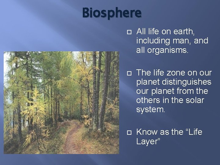 Biosphere All life on earth, including man, and all organisms. The life zone on