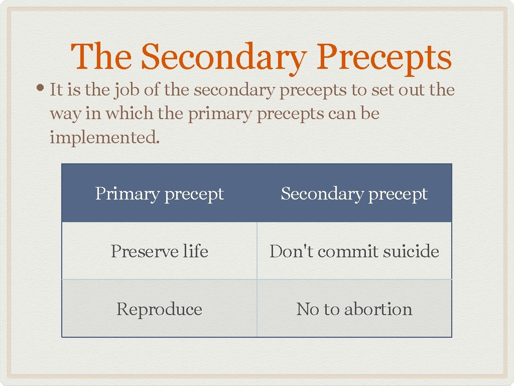 The Secondary Precepts • It is the job of the secondary precepts to set