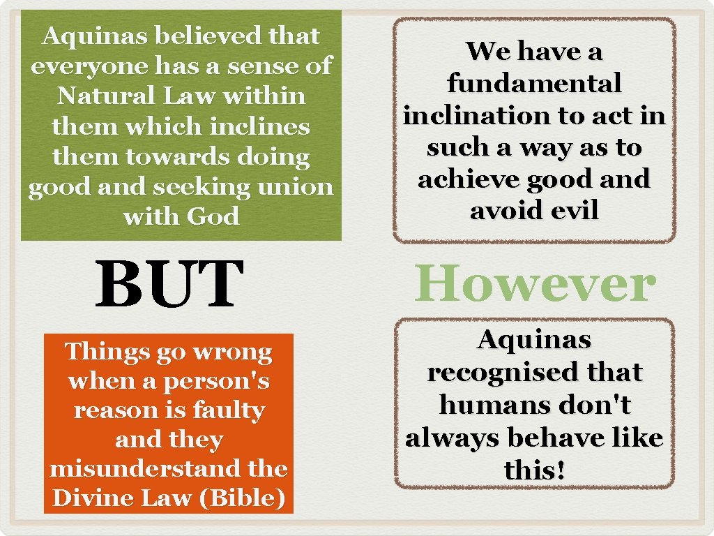 Aquinas believed that everyone has a sense of Natural Law within them which inclines