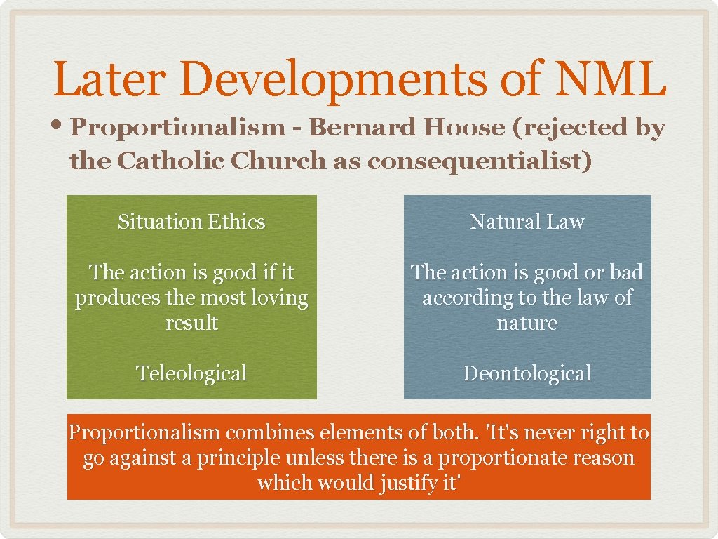 Later Developments of NML • Proportionalism - Bernard Hoose (rejected by the Catholic Church
