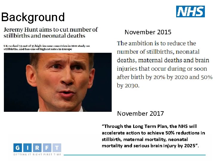 Background November 2015 November 2017 “Through the Long Term Plan, the NHS will accelerate