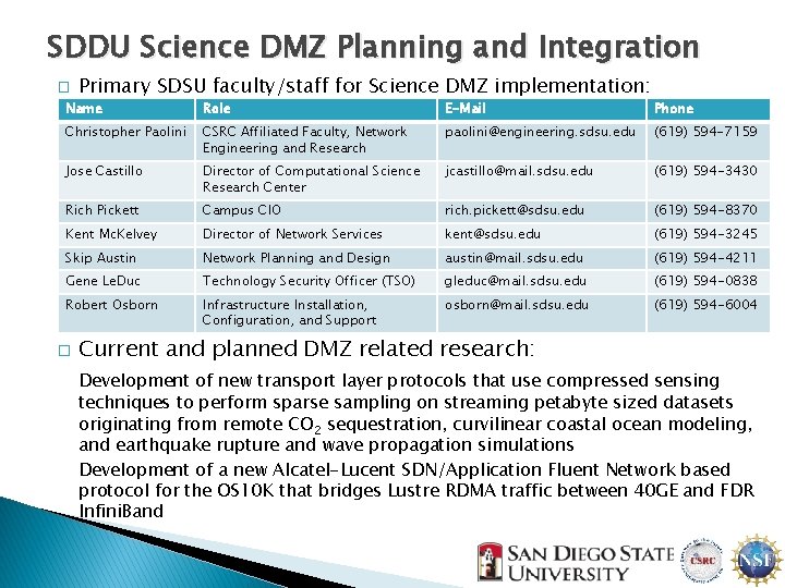 SDDU Science DMZ Planning and Integration � Primary SDSU faculty/staff for Science DMZ implementation: