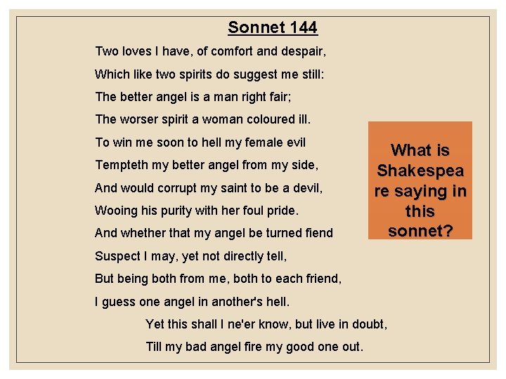 Sonnet 144 Two loves I have, of comfort and despair, Which like two spirits