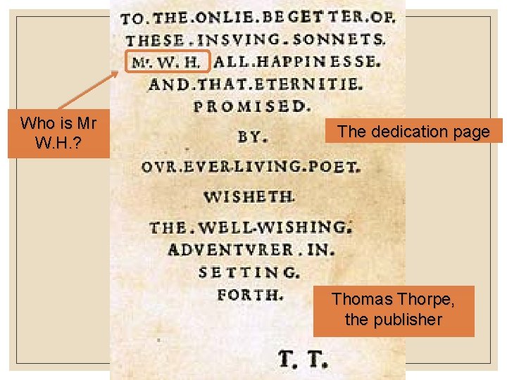 Who is Mr W. H. ? The dedication page Thomas Thorpe, the publisher 