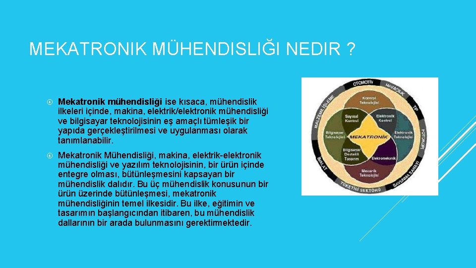 MEKATRONIK MÜHENDISLIĞI NEDIR ? Mekatronik mühendisliği ise kısaca, mühendislik ilkeleri içinde, makina, elektrik/elektronik mühendisliği