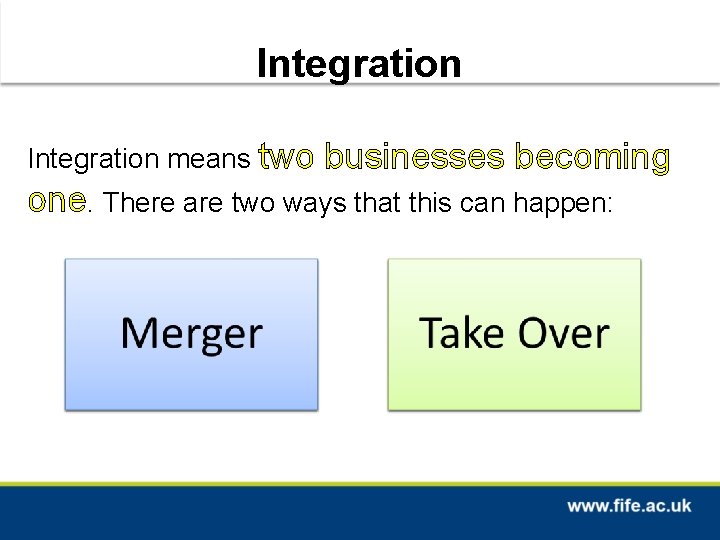 Integration means two businesses becoming one. There are two ways that this can happen: Integration means two businesses becoming one. There are two ways that this can happen: