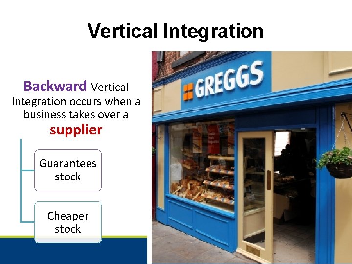 Vertical Integration Backward Vertical Integration occurs when a business takes over a supplier Guarantees