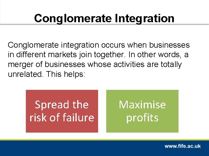 Conglomerate Integration Conglomerate integration occurs when businesses in different markets join together. In other