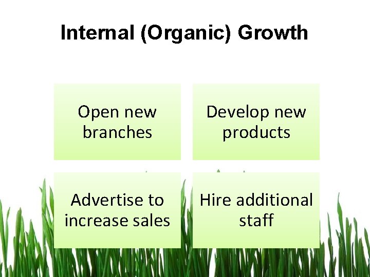 Internal (Organic) Growth Open new branches Develop new products Advertise to increase sales Hire