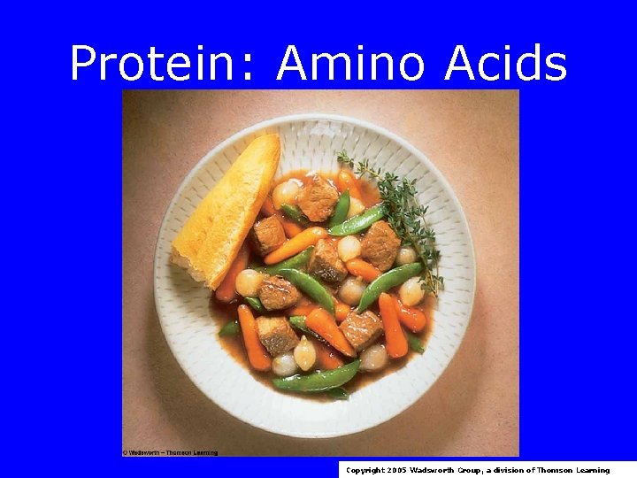 Protein: Amino Acids Copyright 2005 Wadsworth Group, a division of Thomson Learning 