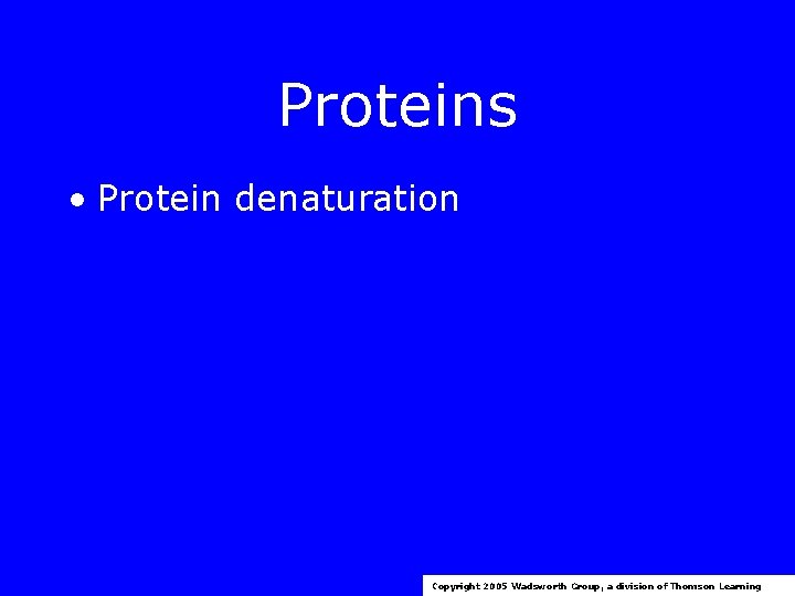 Proteins • Protein denaturation Copyright 2005 Wadsworth Group, a division of Thomson Learning 