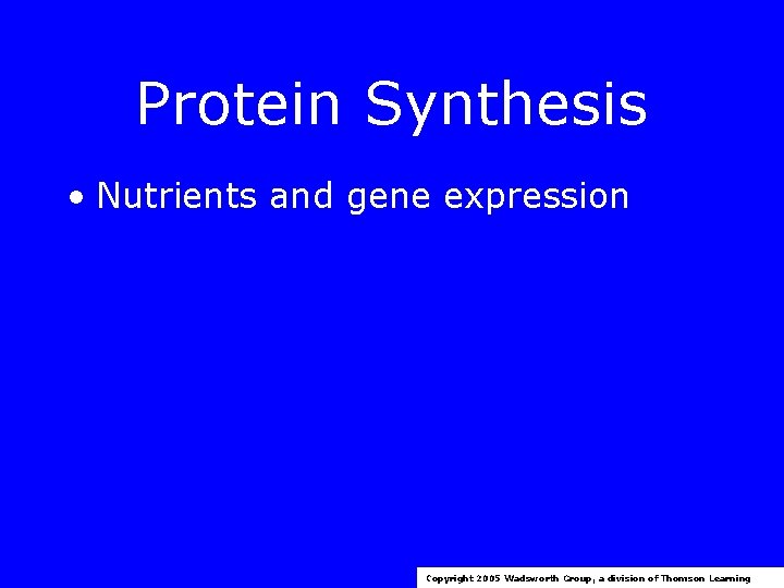 Protein Synthesis • Nutrients and gene expression Copyright 2005 Wadsworth Group, a division of