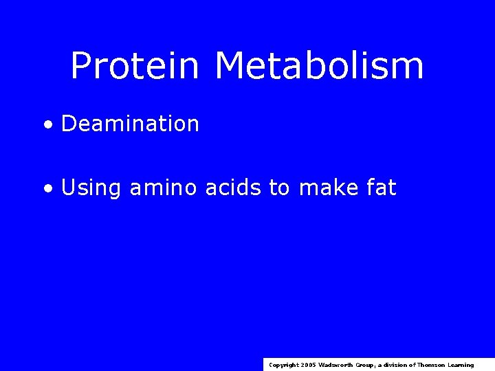 Protein Metabolism • Deamination • Using amino acids to make fat Copyright 2005 Wadsworth