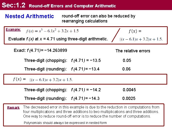 Sec: 1. 2 Round-off Errors and Computer Arithmetic Nested Arithmetic round-off error can also