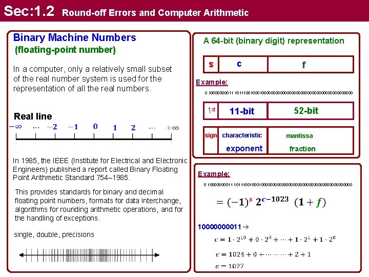 Sec: 1. 2 Round-off Errors and Computer Arithmetic Binary Machine Numbers (floating-point number) In
