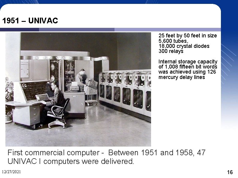 1951 – UNIVAC 25 feet by 50 feet in size 5, 600 tubes, 18,