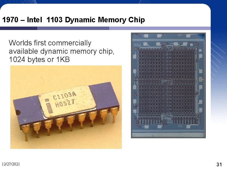 1970 – Intel 1103 Dynamic Memory Chip Worlds first commercially available dynamic memory chip,