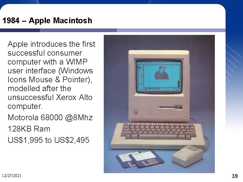 1984 – Apple Macintosh Apple introduces the first successful consumer computer with a WIMP