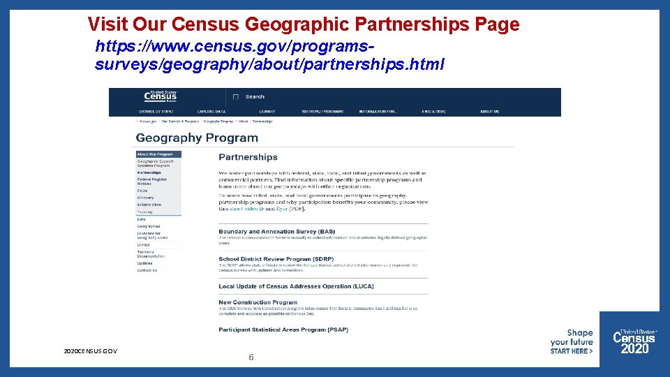 Visit Our Census Geographic Partnerships Page https: //www. census. gov/programssurveys/geography/about/partnerships. html 2020 CENSUS. GOV