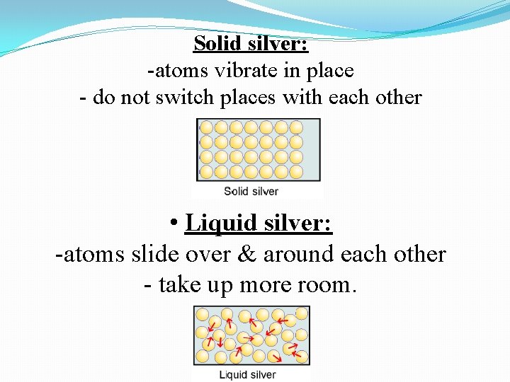 Solid silver: -atoms vibrate in place - do not switch places with each other Solid silver: -atoms vibrate in place - do not switch places with each other