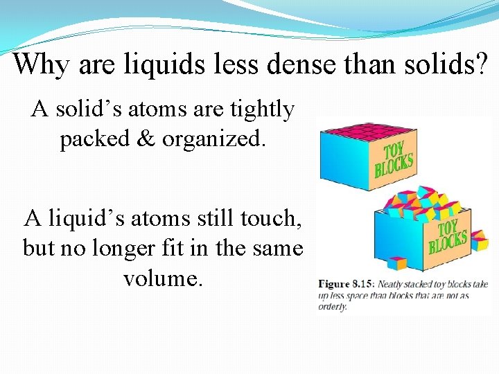 Why are liquids less dense than solids? A solid’s atoms are tightly packed & Why are liquids less dense than solids? A solid’s atoms are tightly packed &