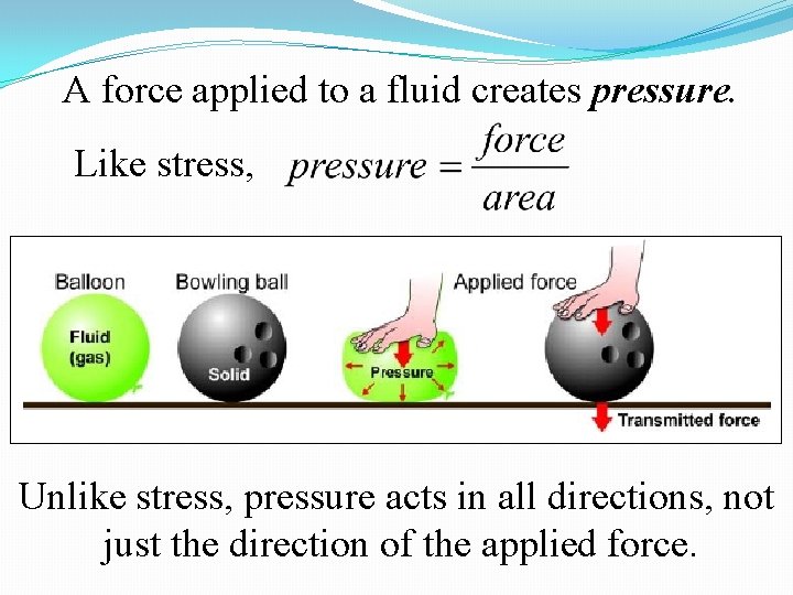 A force applied to a fluid creates pressure. Like stress, Unlike stress, pressure acts A force applied to a fluid creates pressure. Like stress, Unlike stress, pressure acts