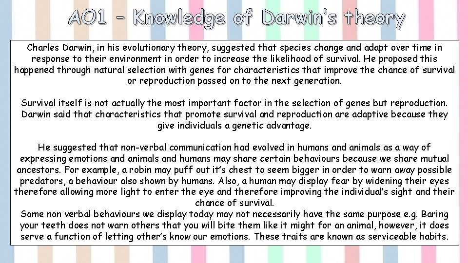 AO 1 – Knowledge of Darwin’s theory Charles Darwin, in his evolutionary theory, suggested