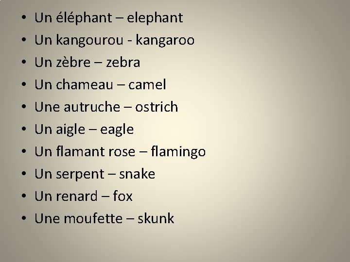  • • • Un éléphant – elephant Un kangourou - kangaroo Un zèbre