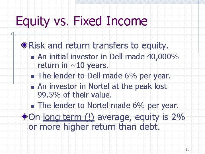 Equity vs. Fixed Income Risk and return transfers to equity. n n An initial